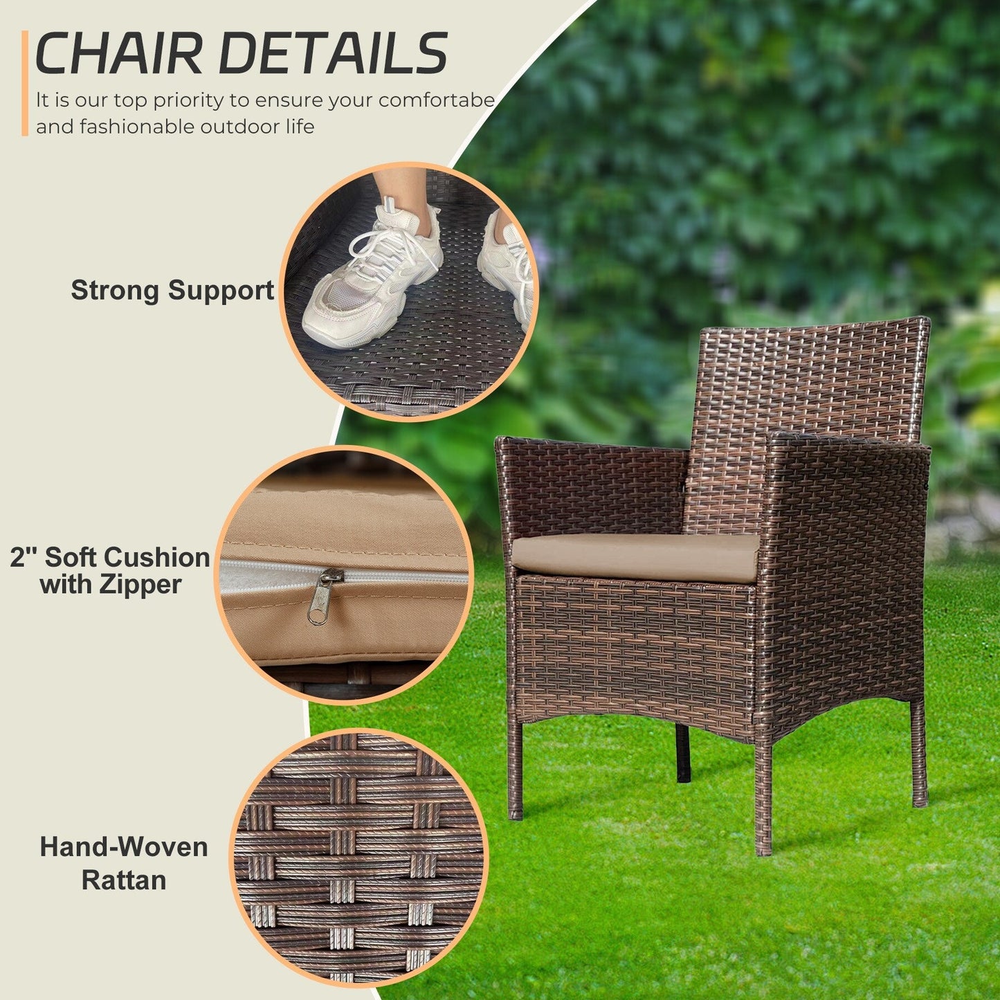 Set di mobili da esterno da 4 pezzi con cuscini, set da conversazione in vimini e tavolino da caffè in vetro