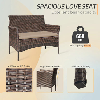 Set di mobili da esterno da 4 pezzi con cuscini, set da conversazione in vimini e tavolino da caffè in vetro