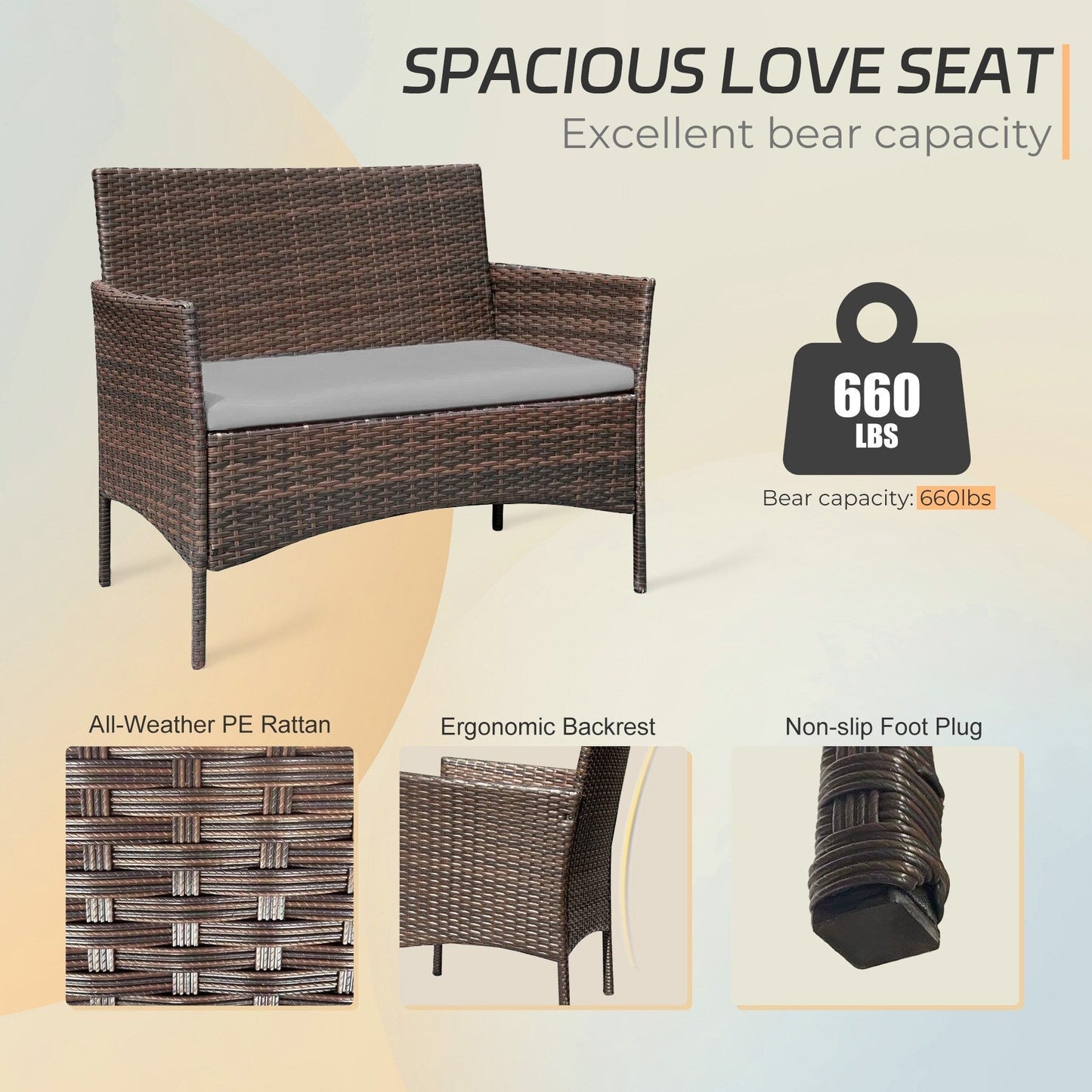 Set di mobili da esterno da 4 pezzi con cuscini, set da conversazione in vimini e tavolino da caffè in vetro