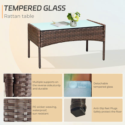 Set di mobili da esterno da 4 pezzi con cuscini, set da conversazione in vimini e tavolino da caffè in vetro