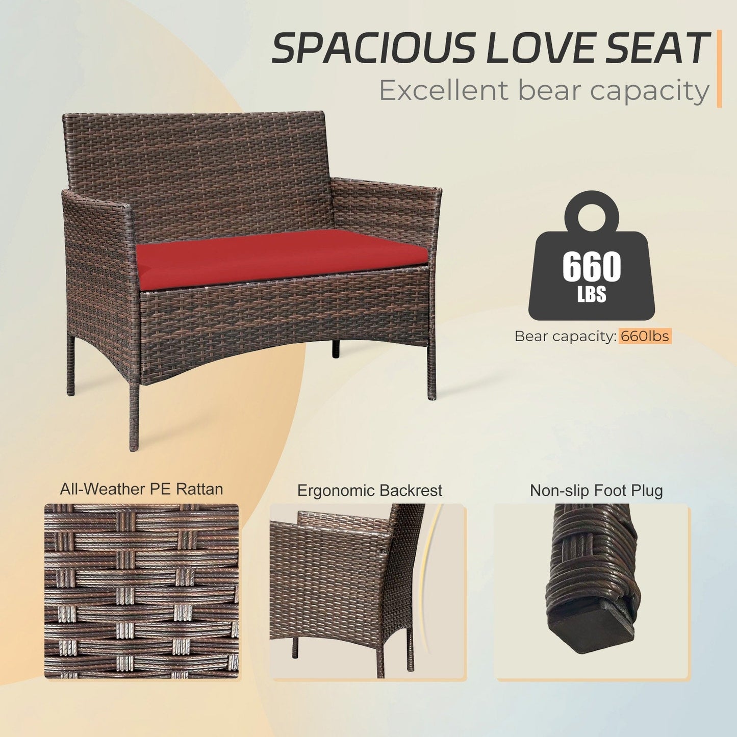 Set di mobili da esterno da 4 pezzi con cuscini, set da conversazione in vimini e tavolino da caffè in vetro