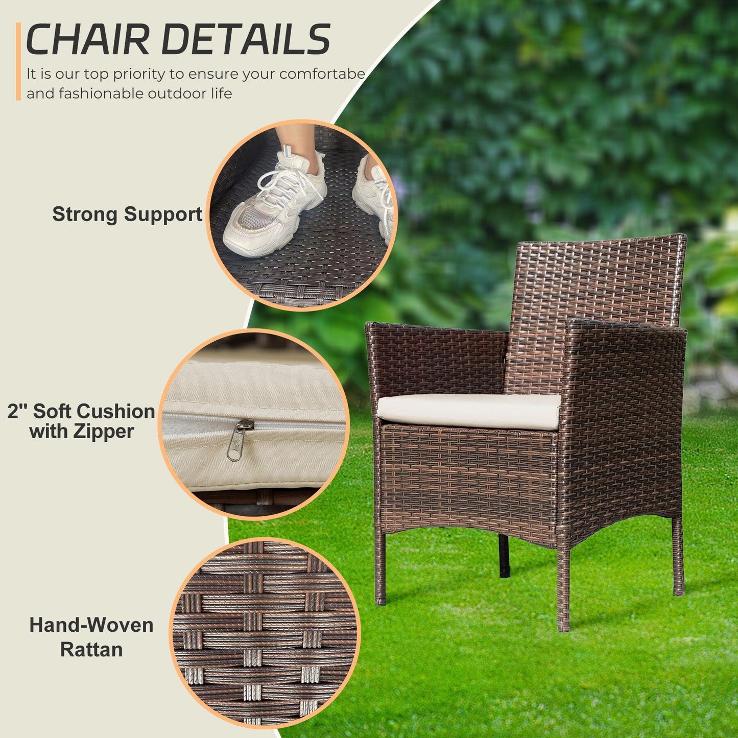 Set di mobili da esterno da 4 pezzi con cuscini, set da conversazione in vimini e tavolino da caffè in vetro