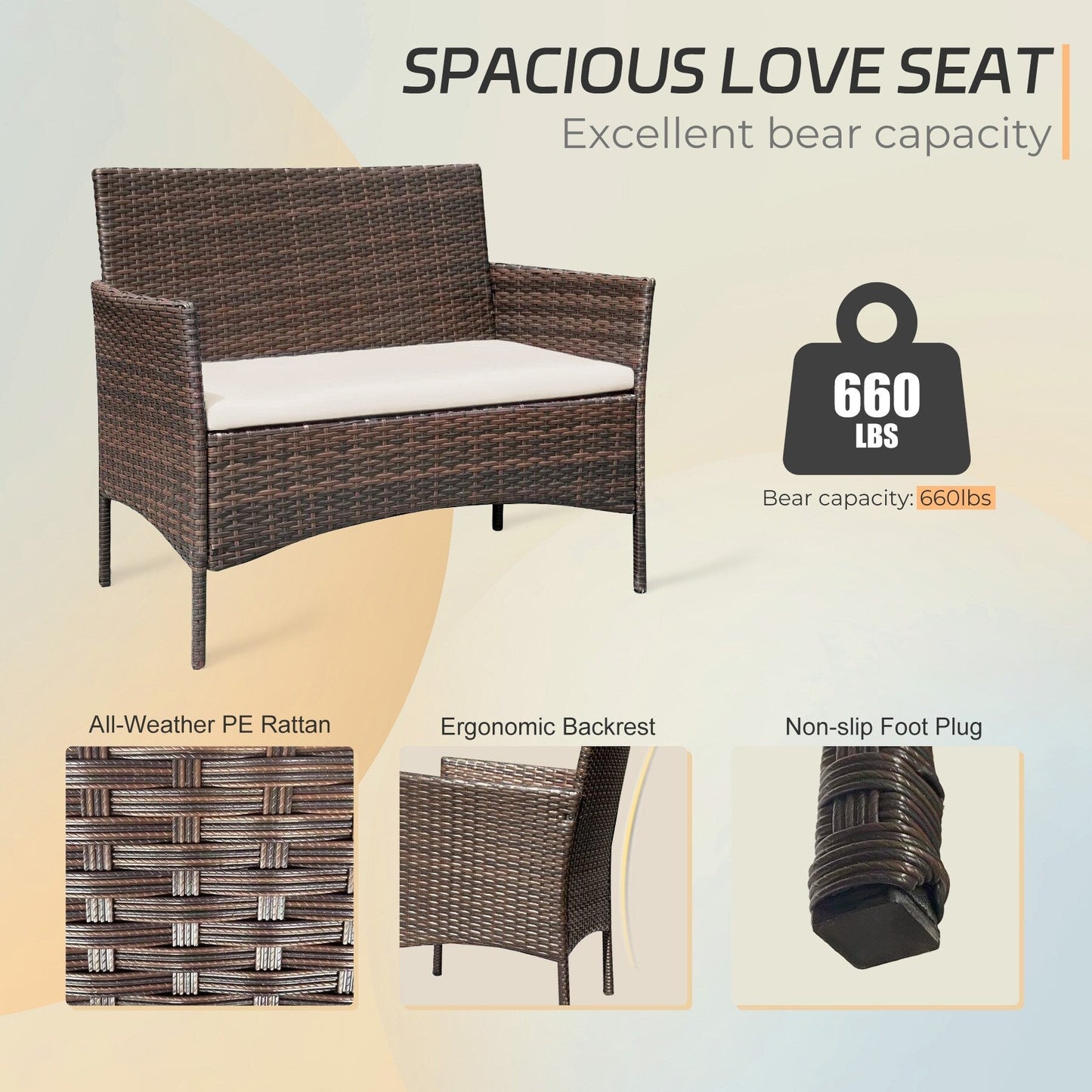 Set di mobili da esterno da 4 pezzi con cuscini, set da conversazione in vimini e tavolino da caffè in vetro