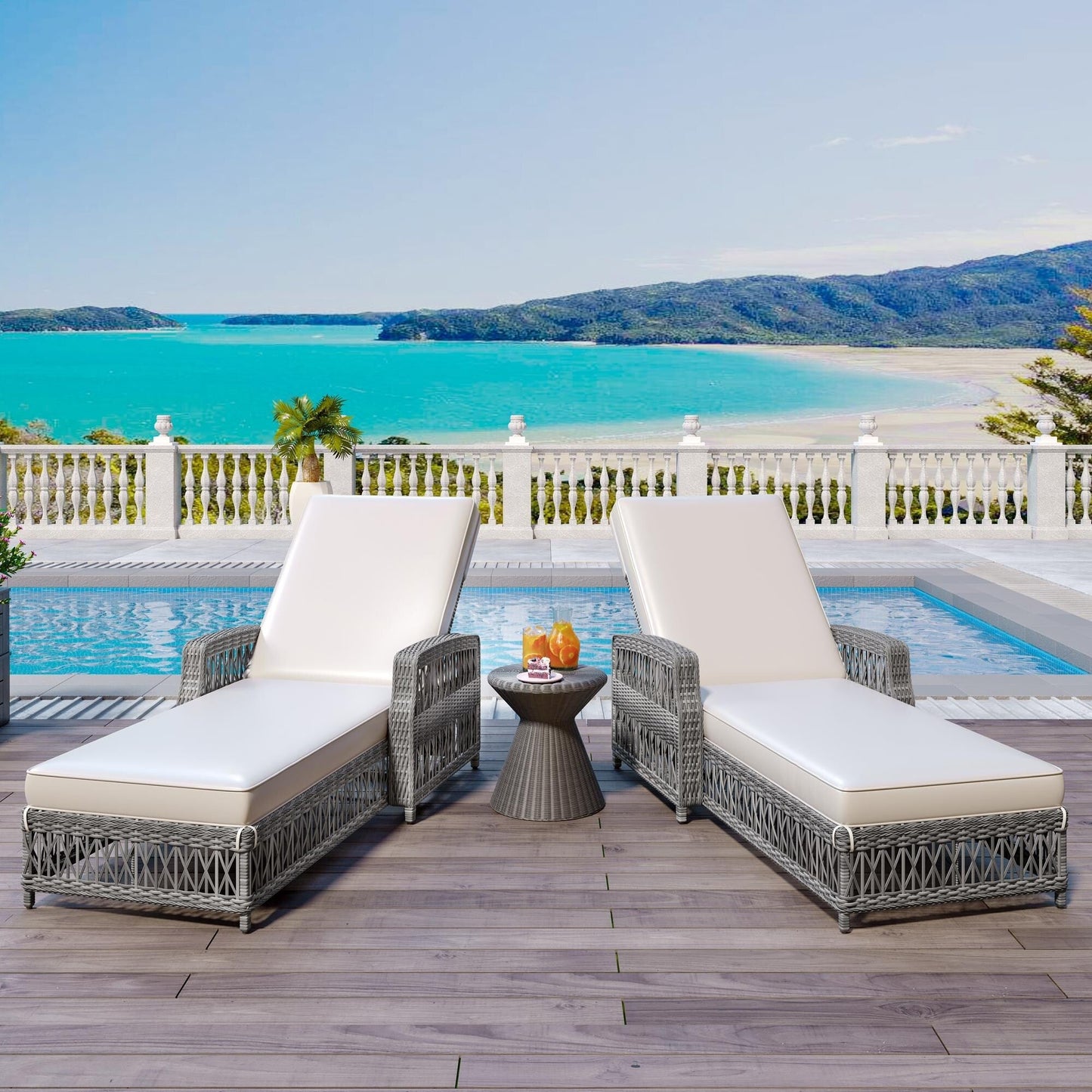 Lettino da piscina regolabile reclinabile in vimini per esterni con cuscino