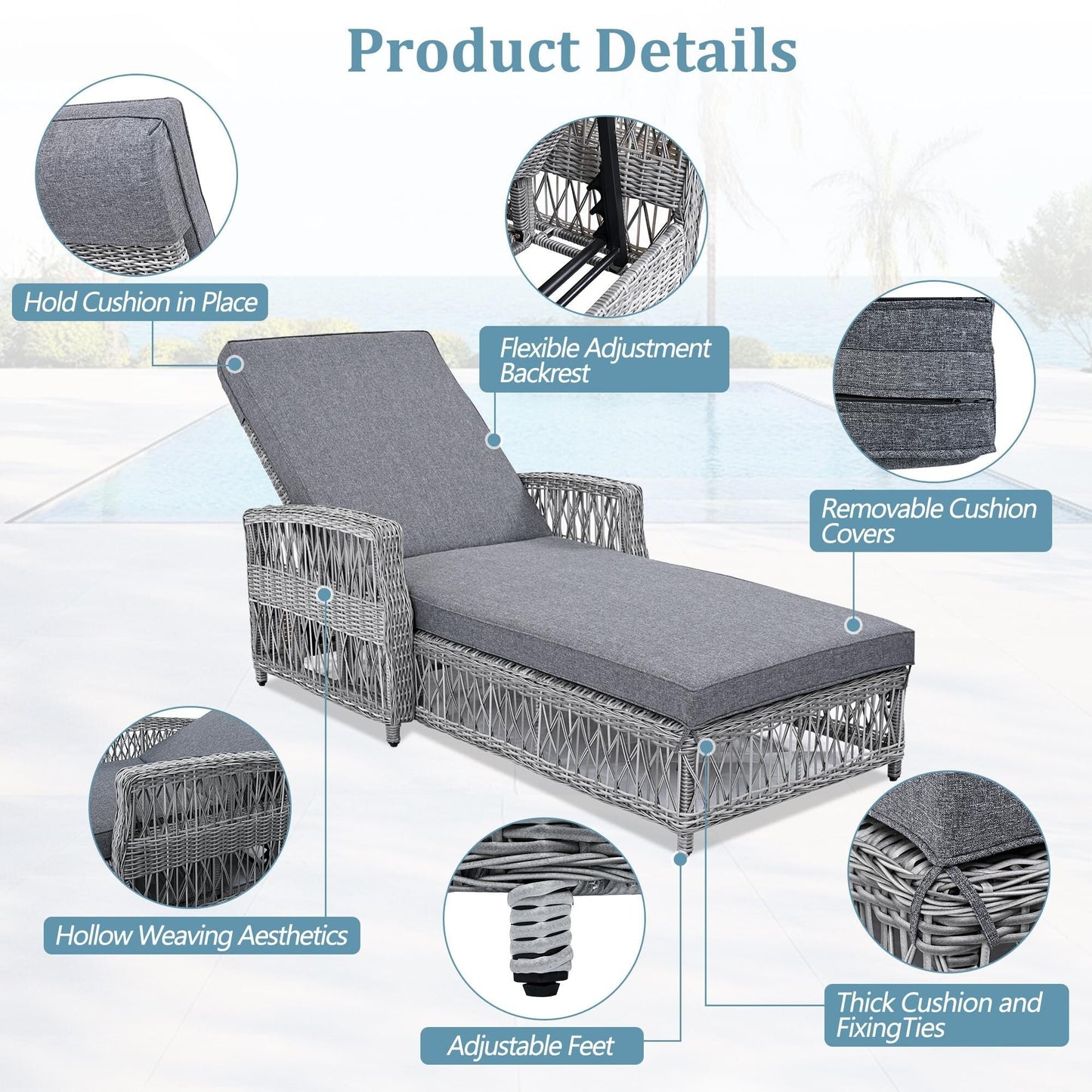 Lettino da piscina regolabile reclinabile in vimini per esterni con cuscino