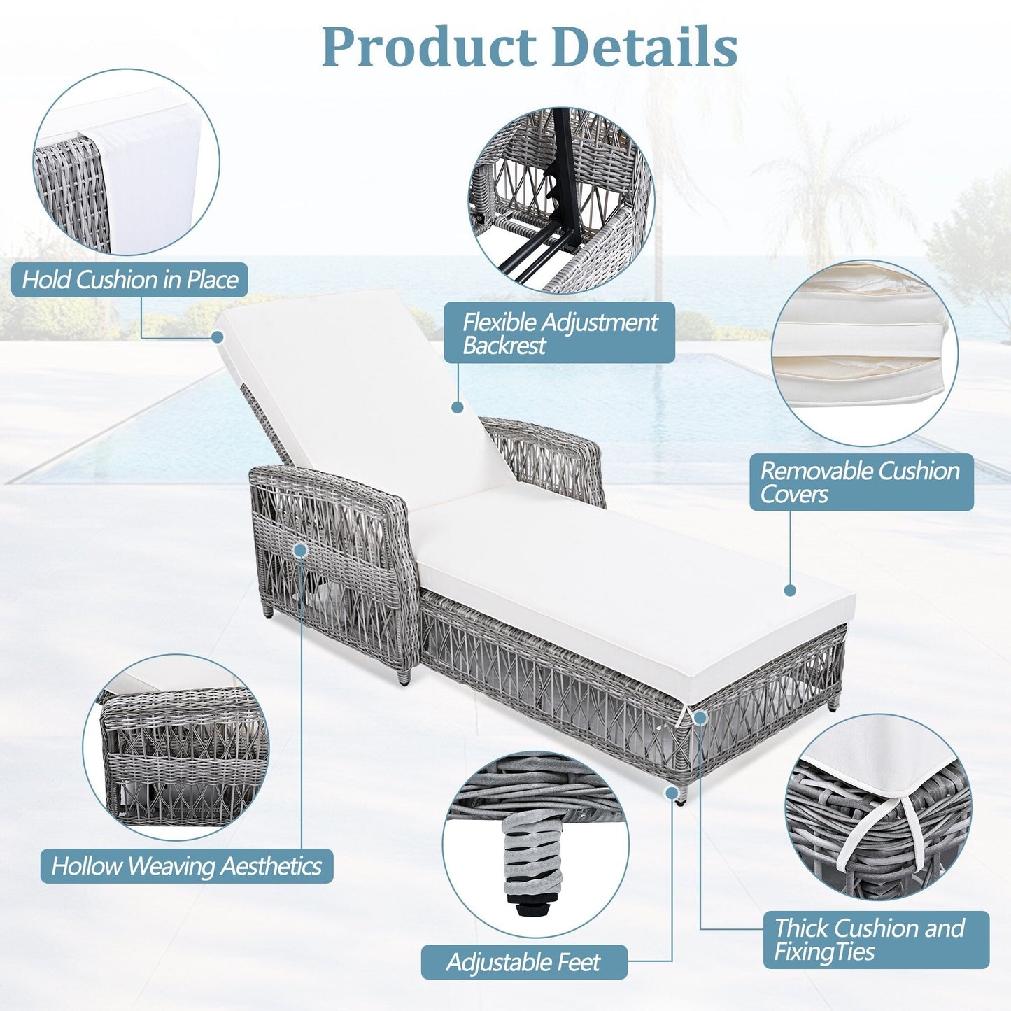 Lettino da piscina regolabile reclinabile in vimini per esterni con cuscino