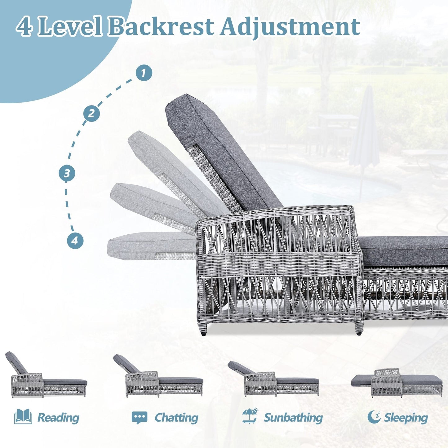 Lettino da piscina regolabile reclinabile in vimini per esterni con cuscino