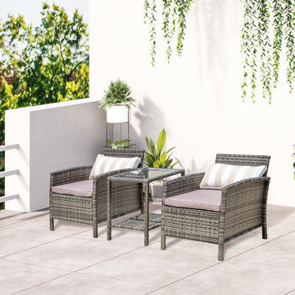 Outsunny Set da bistrot in vimini e rattan da 3 pezzi con morbidi cuscini, set da caffè per conversazioni all'aperto con ripiano portaoggetti in vetro