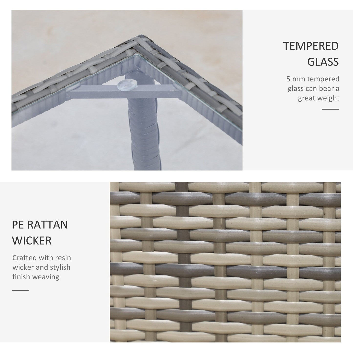 Outsunny Set da bistrot in vimini e rattan da 3 pezzi con morbidi cuscini, set da caffè per conversazioni all'aperto con ripiano portaoggetti in vetro