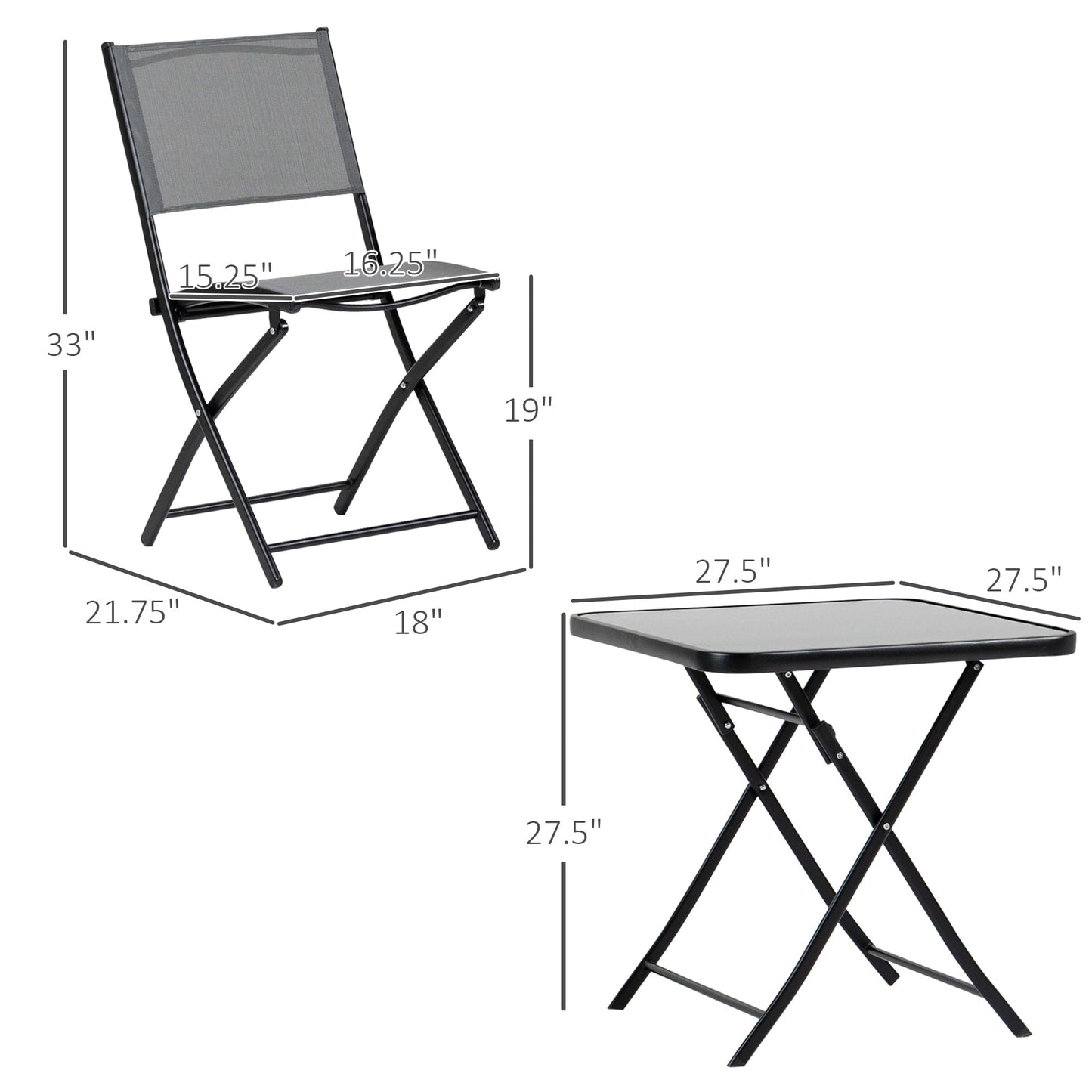 Outsunny Set da giardino bistrot 3 pezzi, set da pranzo pieghevole per esterni con piano in vetro, 2 sedie pieghevoli, struttura in acciaio