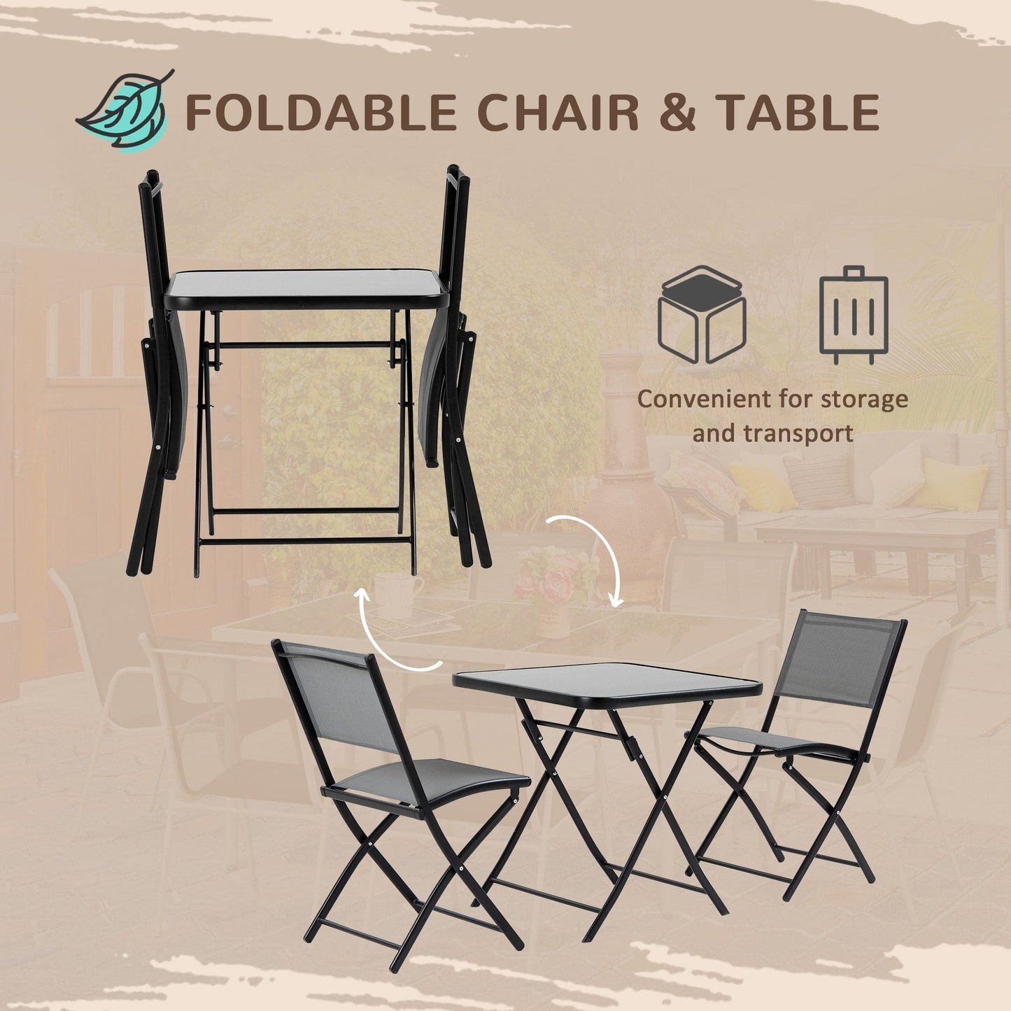 Outsunny Set da giardino bistrot 3 pezzi, set da pranzo pieghevole per esterni con piano in vetro, 2 sedie pieghevoli, struttura in acciaio