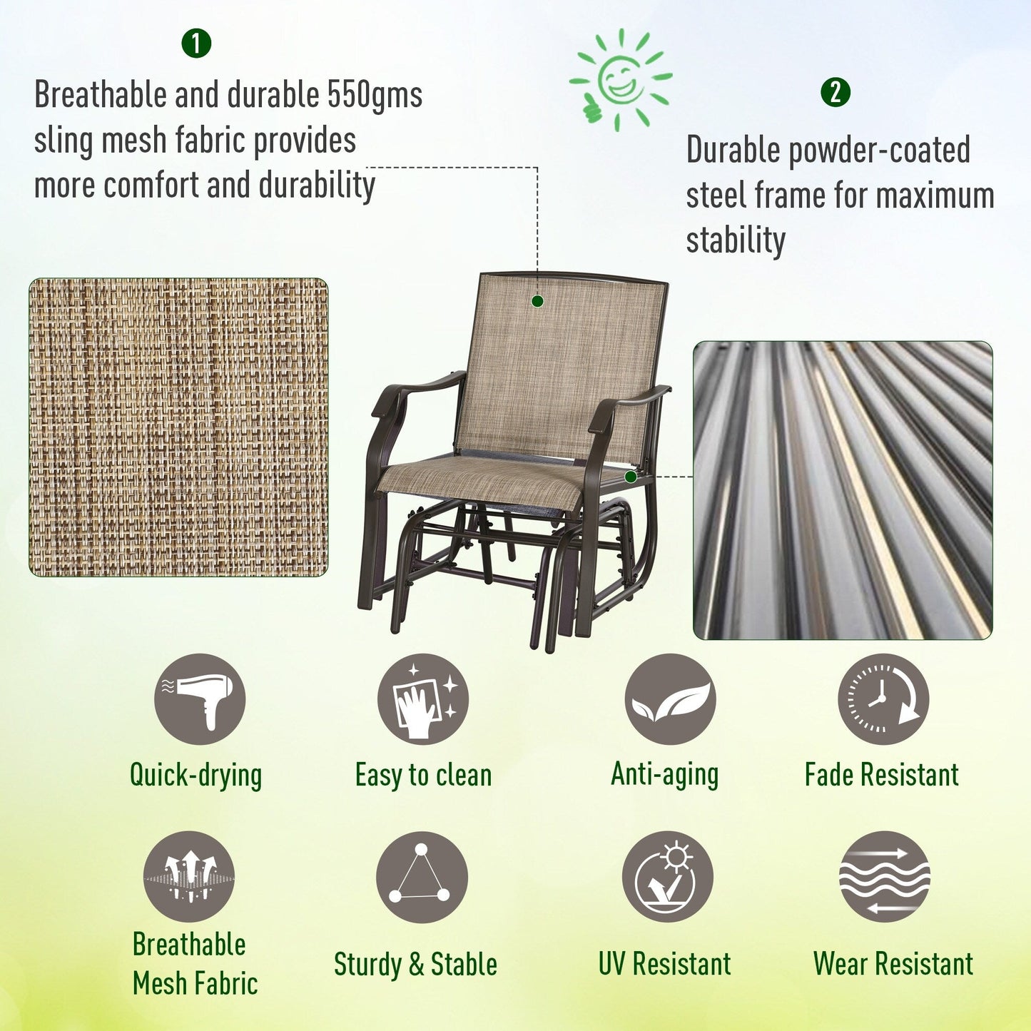 Outsunny, set da bistrot con sedia a dondolo da esterno, 3 pezzi, con tavolino da caffè, 2 sedie a dondolo da patio con tessuto traspirante