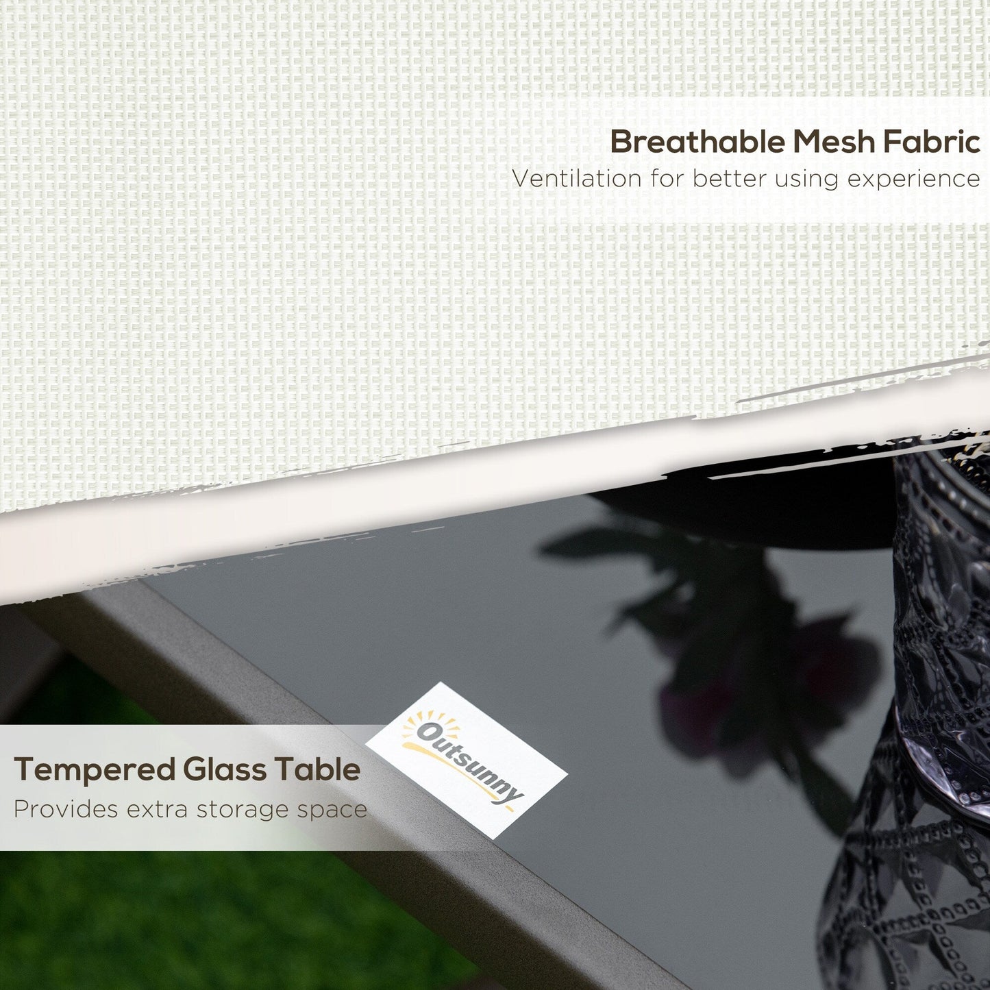 Outsunny Set di 3 sedie da esterno con struttura in acciaio, tavolo con piano in vetro temperato per patio, giardino, cortile, prato