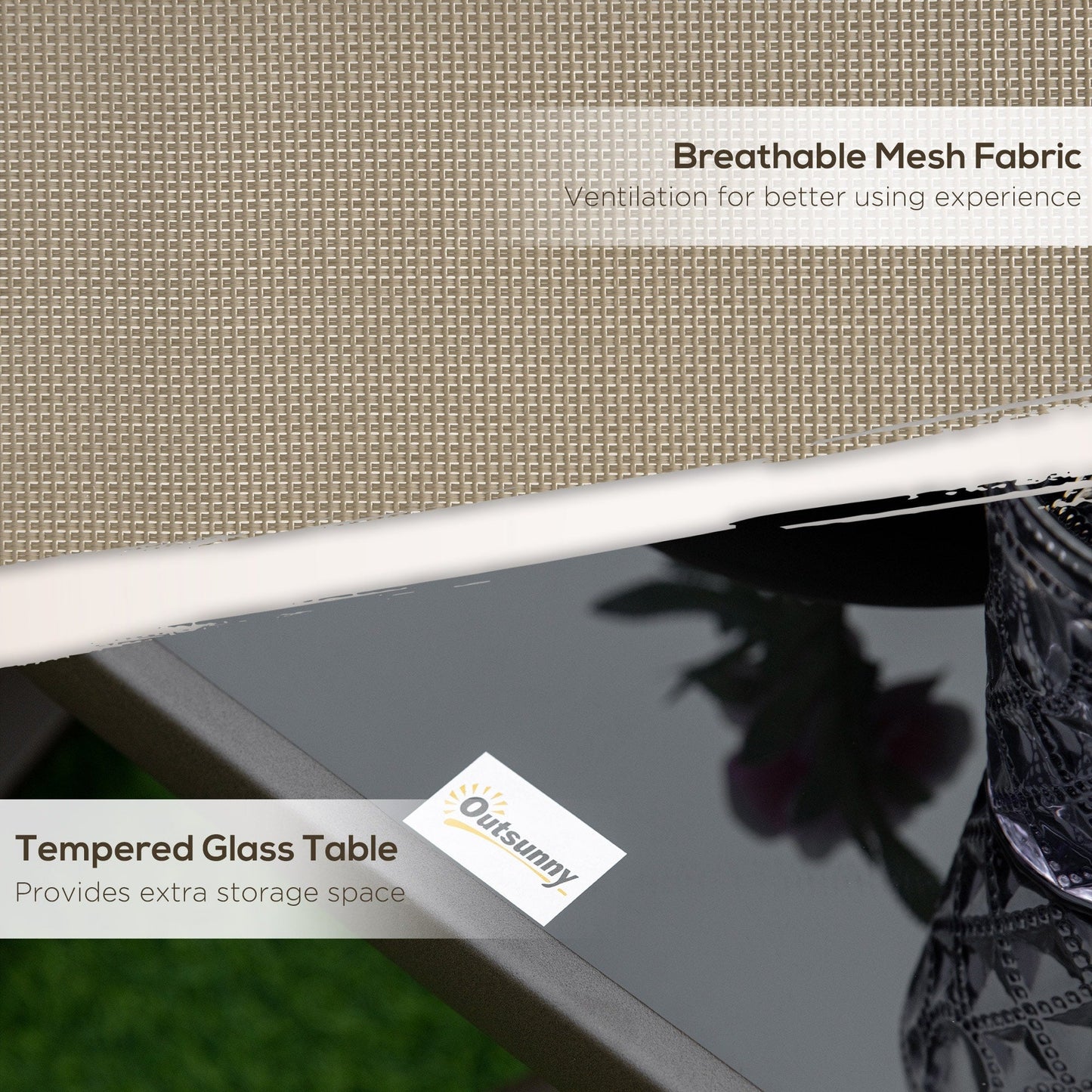 Outsunny Set di 3 sedie da esterno con struttura in acciaio, tavolo con piano in vetro temperato per patio, giardino, cortile, prato