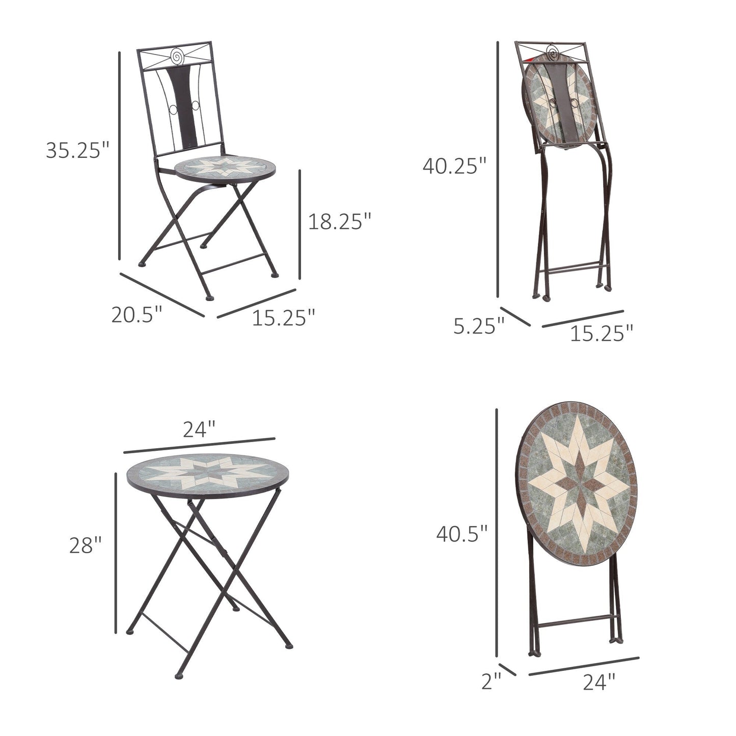 Outsunny Set da bistrot da giardino 3 pezzi, tavolo a mosaico e 2 sedie senza braccioli con design pieghevole, struttura in metallo per giardino, bordo piscina