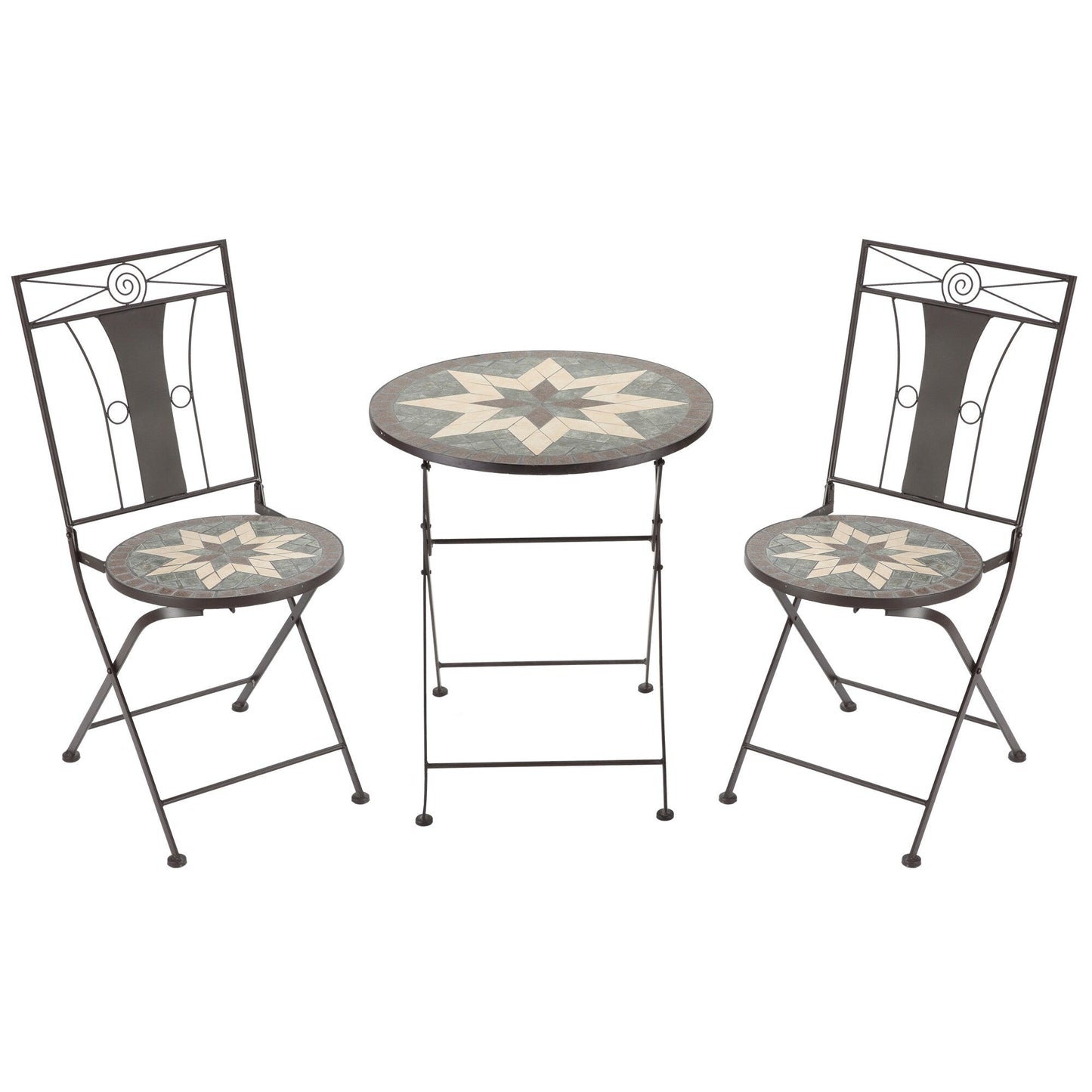 Outsunny Set da bistrot da giardino 3 pezzi, tavolo a mosaico e 2 sedie senza braccioli con design pieghevole, struttura in metallo per giardino, bordo piscina
