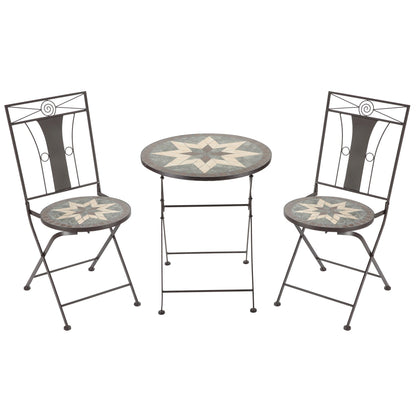 Outsunny Set da bistrot da giardino 3 pezzi, tavolo a mosaico e 2 sedie senza braccioli con design pieghevole, struttura in metallo per giardino, bordo piscina
