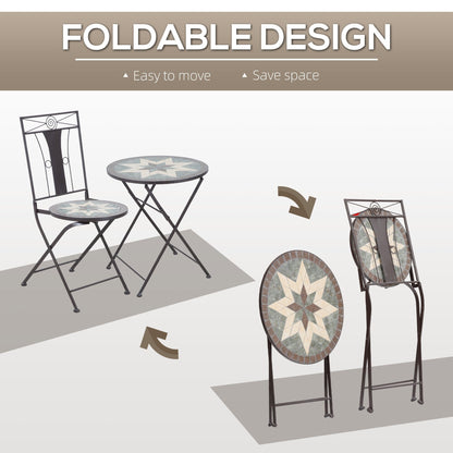 Outsunny Set da bistrot da giardino 3 pezzi, tavolo a mosaico e 2 sedie senza braccioli con design pieghevole, struttura in metallo per giardino, bordo piscina