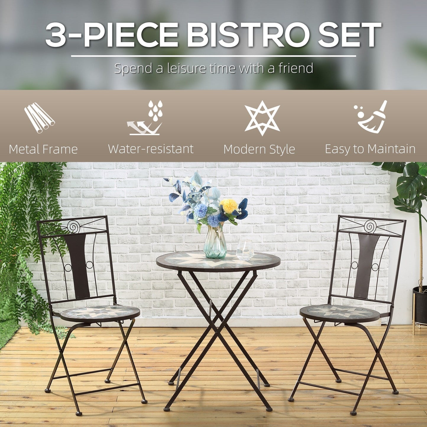 Outsunny Set da bistrot da giardino 3 pezzi, tavolo a mosaico e 2 sedie senza braccioli con design pieghevole, struttura in metallo per giardino, bordo piscina