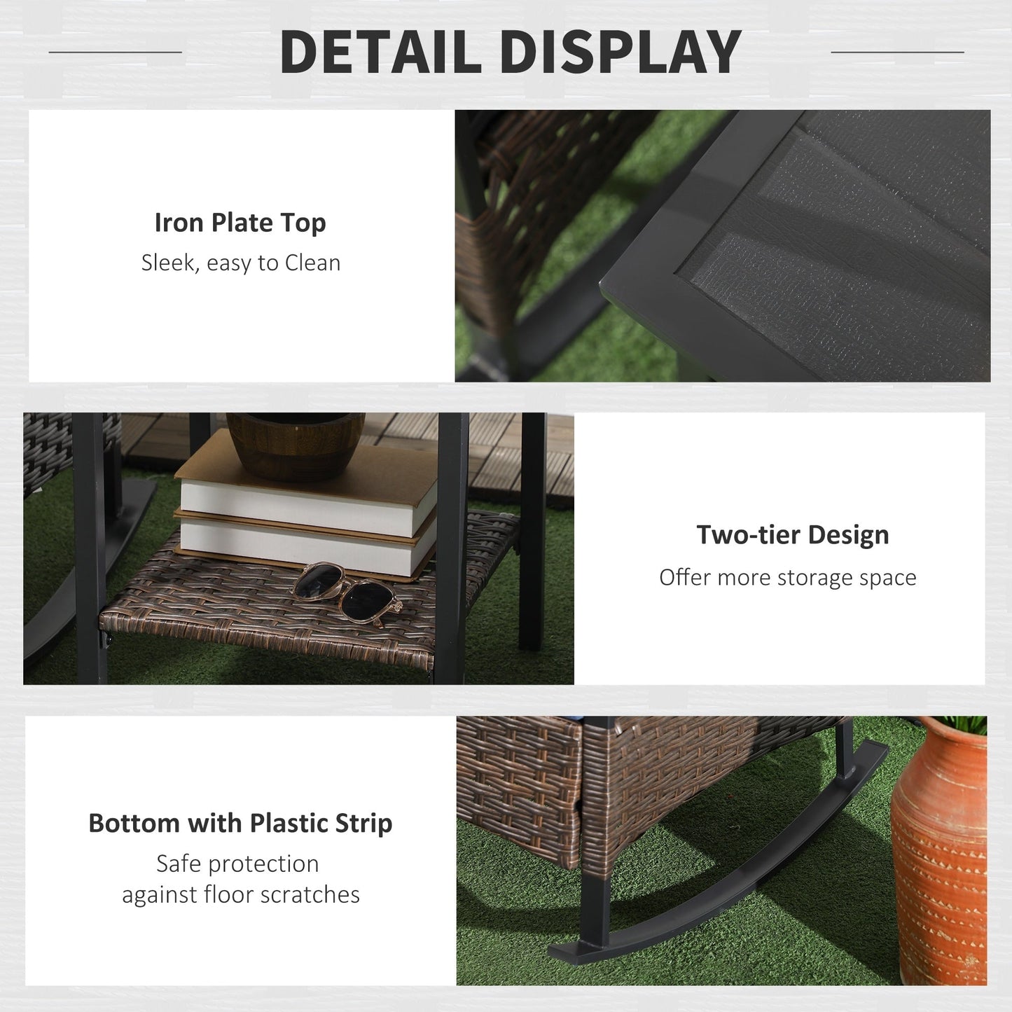 Outsunny set da giardino con 3 sedie a dondolo, set da bistrot in vimini per esterni con 2 sedie a dondolo da veranda, tavolino da caffè a 2 livelli, cuscini