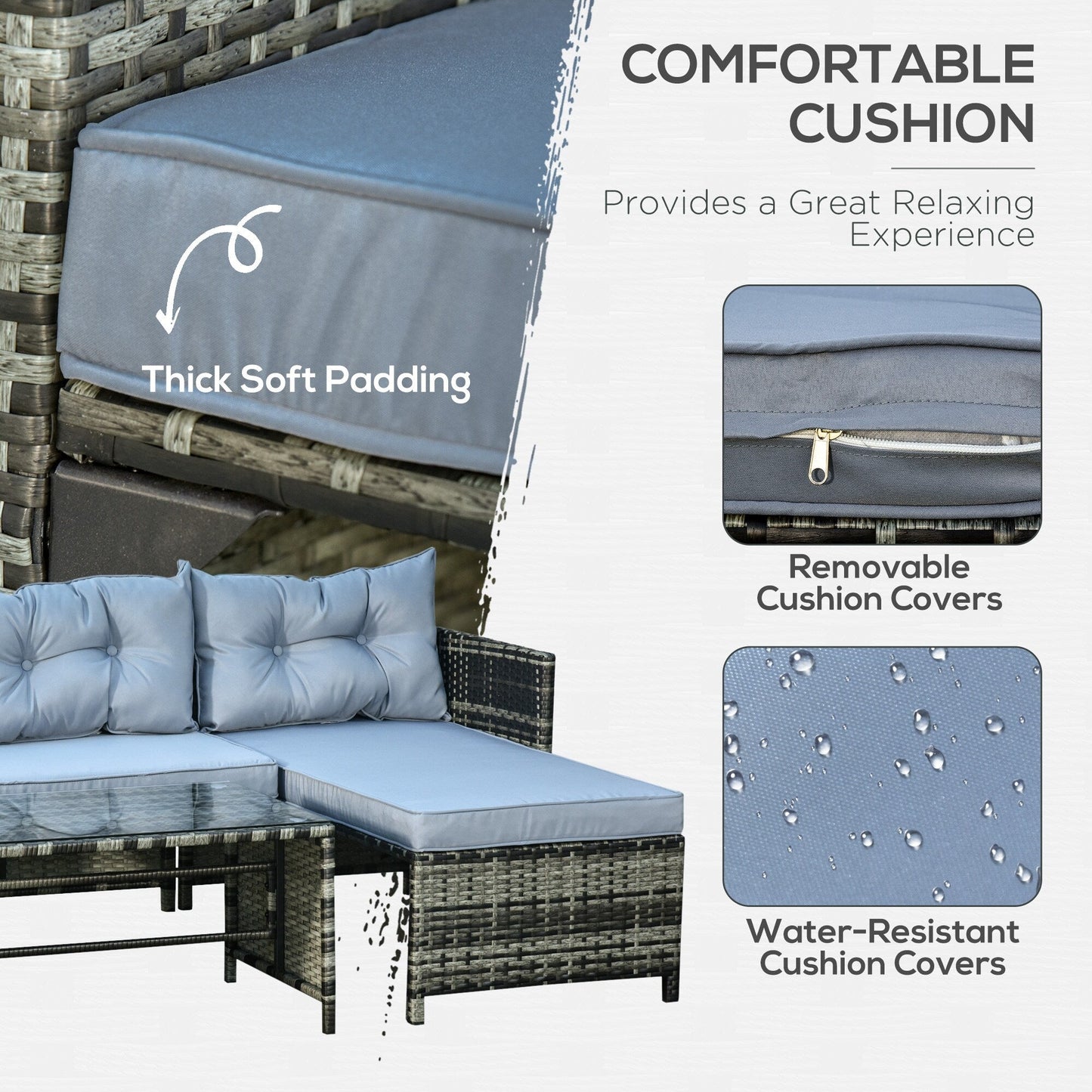 Set di mobili da giardino in vimini Outsunny da 3 pezzi, set da conversazione in rattan, set di divani componibili con chaise longue imbottita