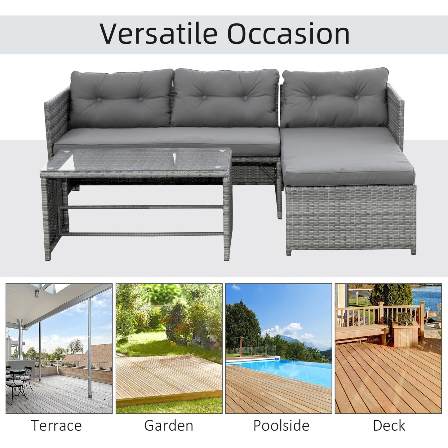 Set di mobili da giardino in vimini Outsunny da 3 pezzi, set da conversazione in rattan, set di divani componibili con chaise longue imbottita