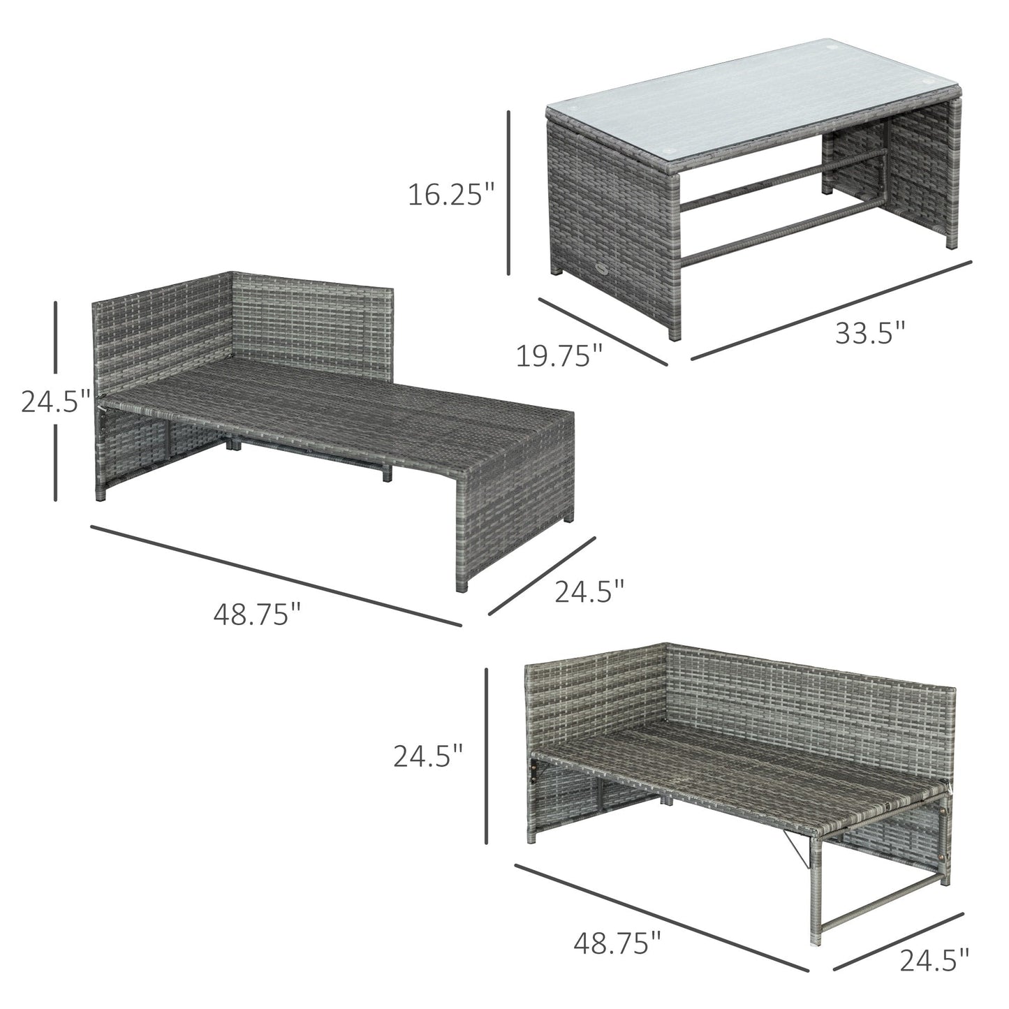 Set di mobili da giardino in vimini Outsunny da 3 pezzi, set da conversazione in rattan, set di divani componibili con chaise longue imbottita