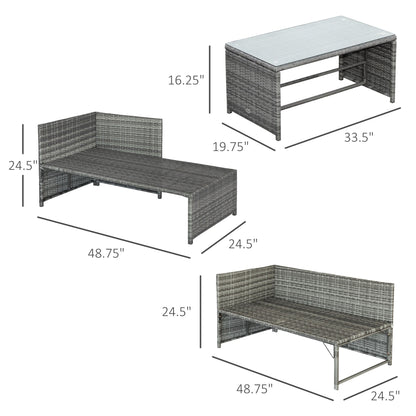 Set di mobili da giardino in vimini Outsunny da 3 pezzi, set da conversazione in rattan, set di divani componibili con chaise longue imbottita