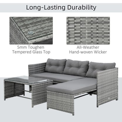 Set di mobili da giardino in vimini Outsunny da 3 pezzi, set da conversazione in rattan, set di divani componibili con chaise longue imbottita