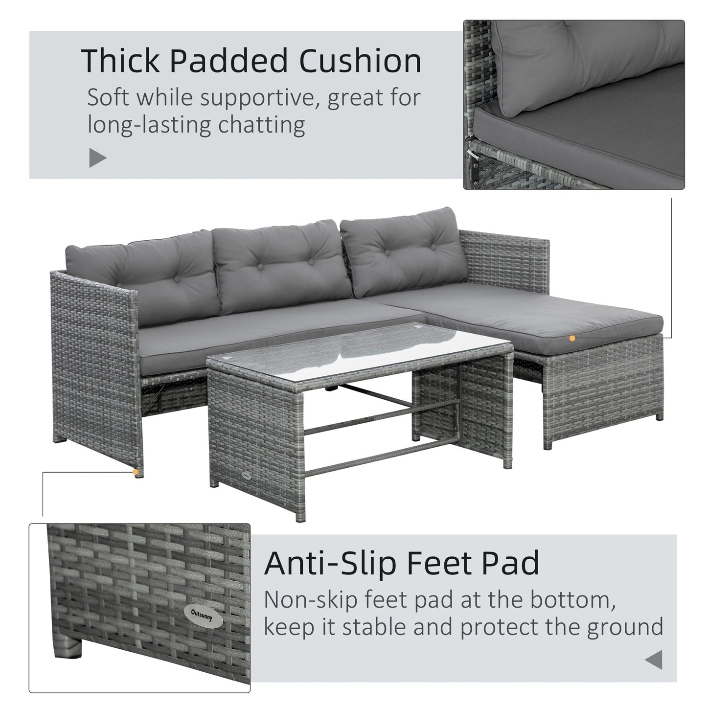 Set di mobili da giardino in vimini Outsunny da 3 pezzi, set da conversazione in rattan, set di divani componibili con chaise longue imbottita