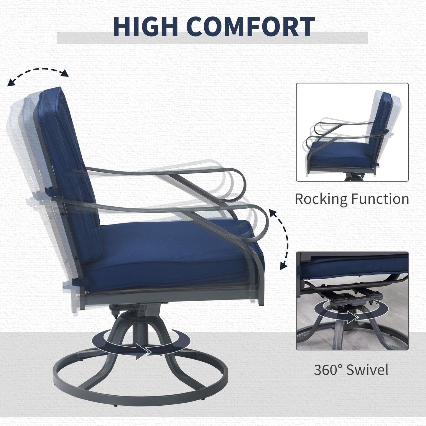 Outsunny Set da bistrot girevole da esterno da 3 pezzi, 2 sedie a dondolo e 1 tavolo rotondo in vetro temperato con cuscino