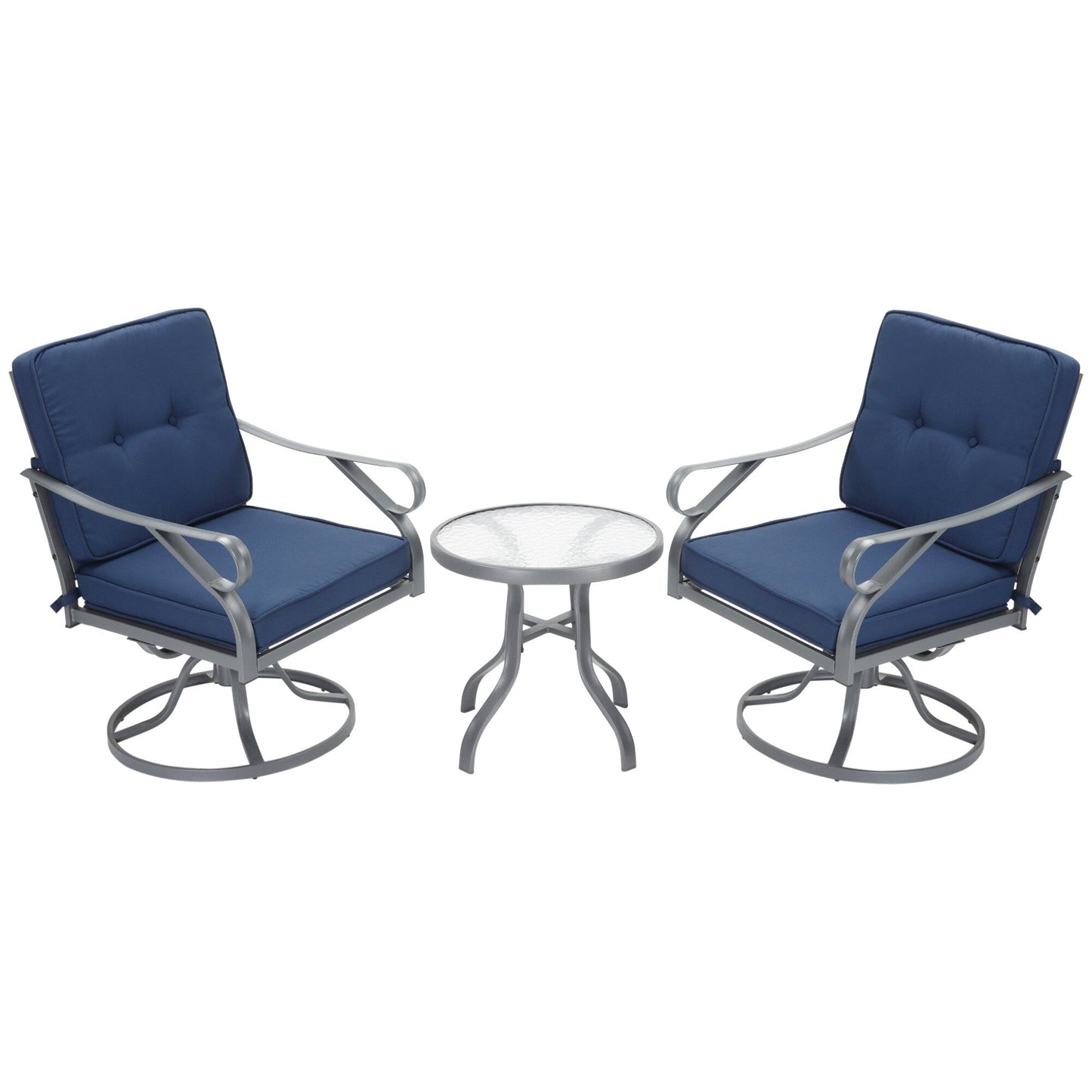 Outsunny Set da bistrot girevole da esterno da 3 pezzi, 2 sedie a dondolo e 1 tavolo rotondo in vetro temperato con cuscino