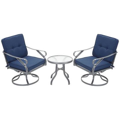 Outsunny Set da bistrot girevole da esterno da 3 pezzi, 2 sedie a dondolo e 1 tavolo rotondo in vetro temperato con cuscino