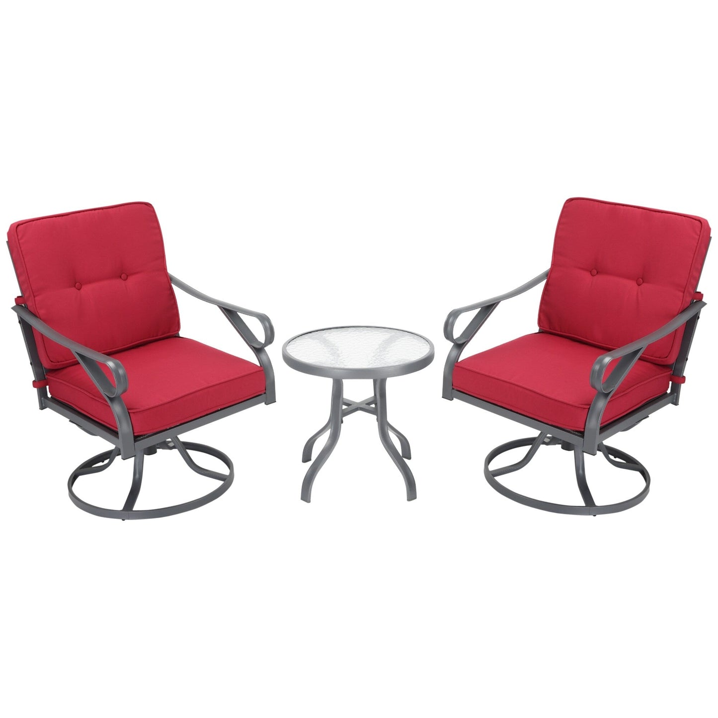 Outsunny Set da bistrot girevole da esterno da 3 pezzi, 2 sedie a dondolo e 1 tavolo rotondo in vetro temperato con cuscino