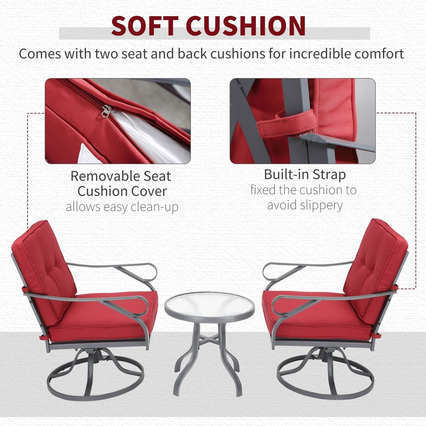 Outsunny Set da bistrot girevole da esterno da 3 pezzi, 2 sedie a dondolo e 1 tavolo rotondo in vetro temperato con cuscino