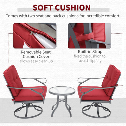 Outsunny Set da bistrot girevole da esterno da 3 pezzi, 2 sedie a dondolo e 1 tavolo rotondo in vetro temperato con cuscino