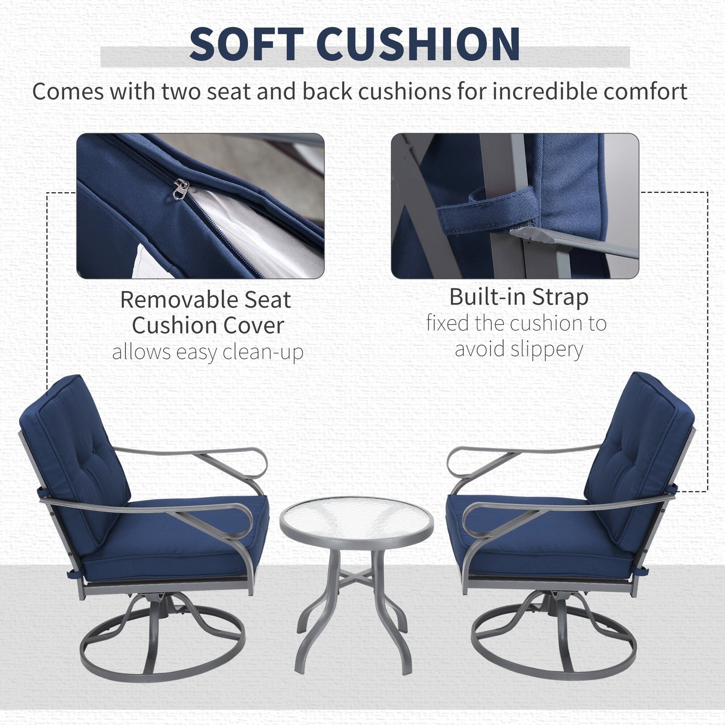 Outsunny Set da bistrot girevole da esterno da 3 pezzi, 2 sedie a dondolo e 1 tavolo rotondo in vetro temperato con cuscino