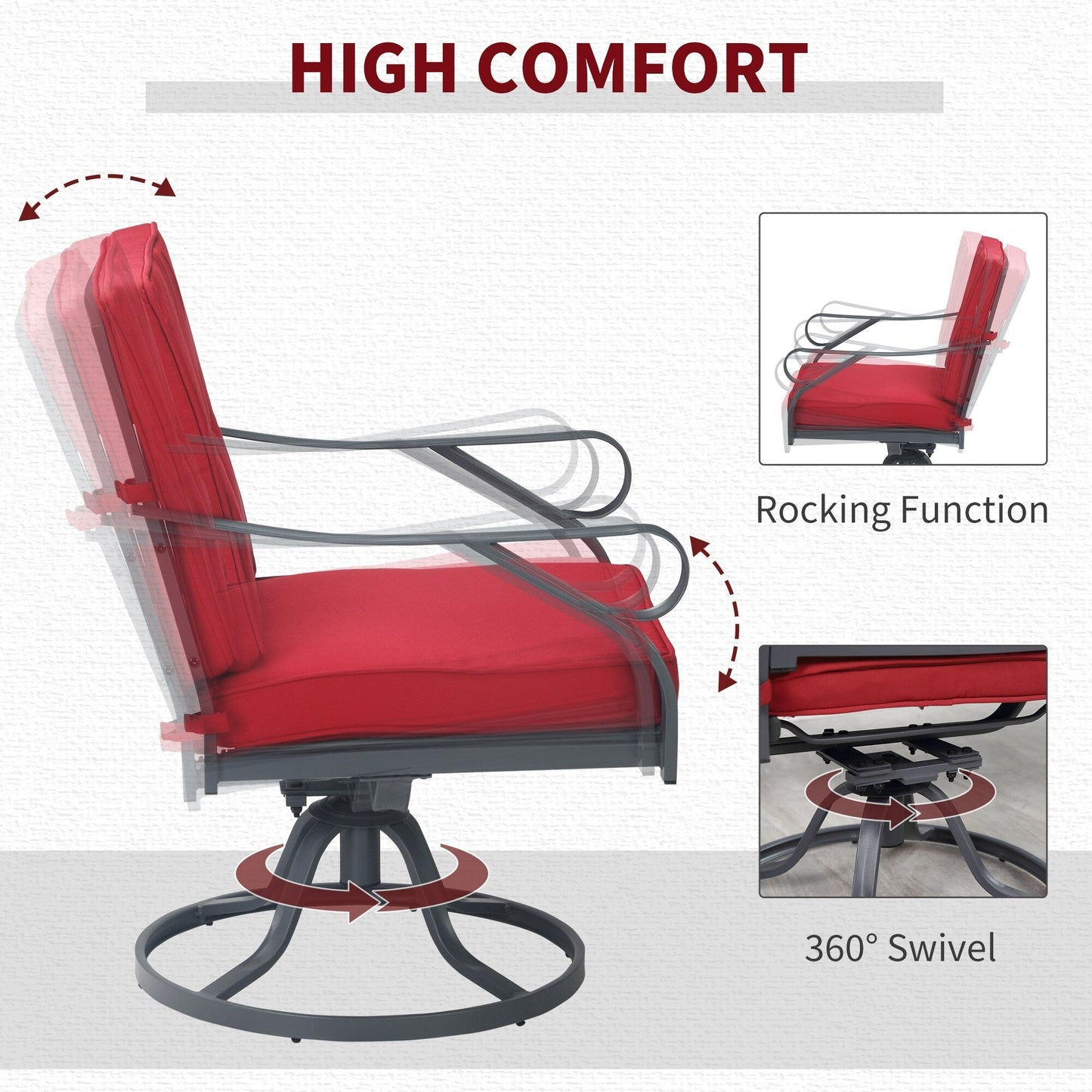 Outsunny Set da bistrot girevole da esterno da 3 pezzi, 2 sedie a dondolo e 1 tavolo rotondo in vetro temperato con cuscino