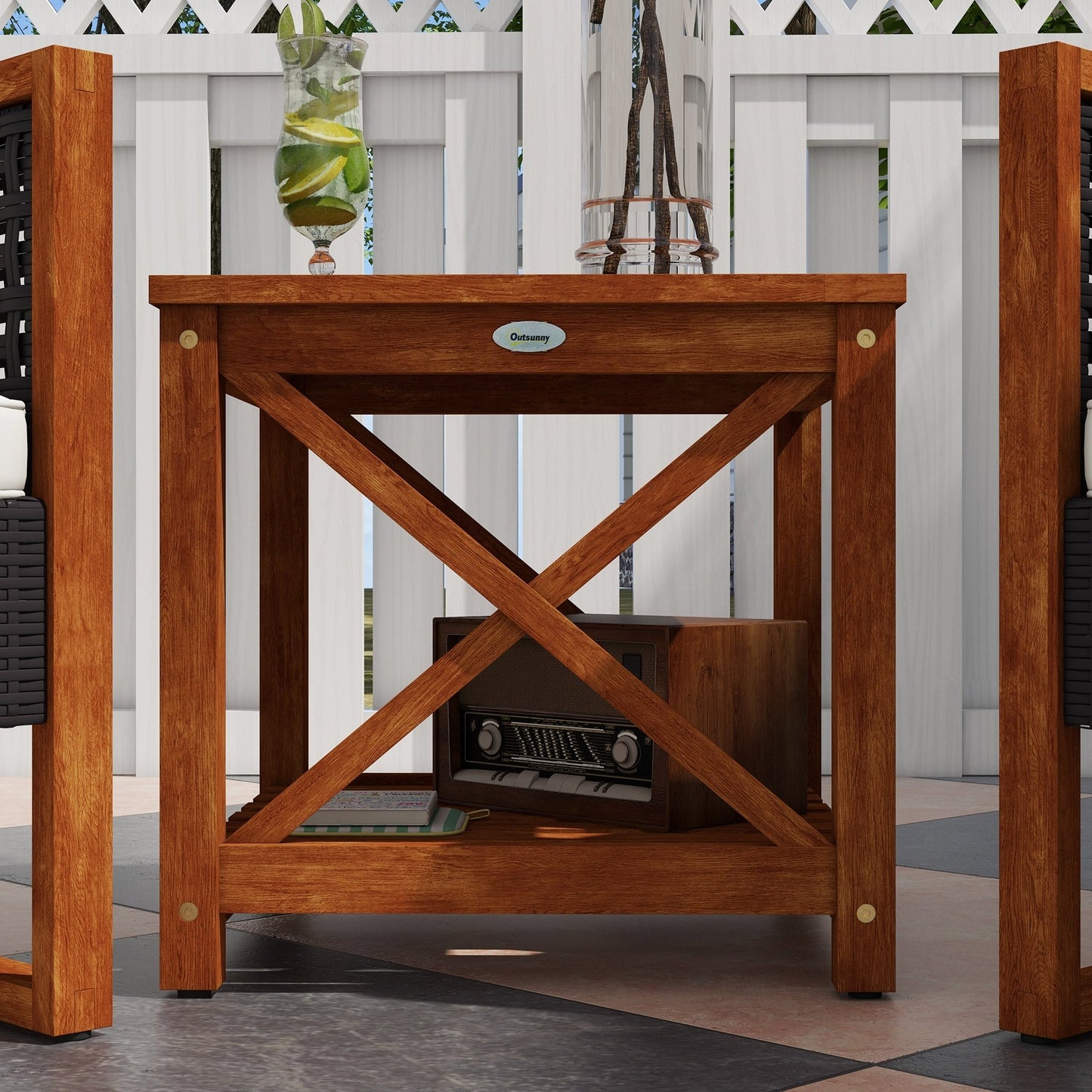 Outsunny Set da bistrot da giardino 3 pezzi in legno con cuscini, mobili da giardino in vimini PE per esterno per veranda, cortile, giardino, marrone