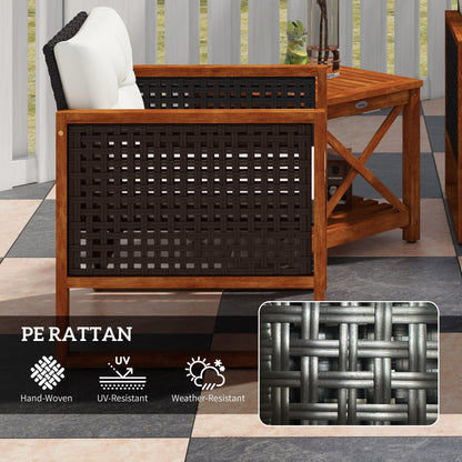 Outsunny Set da bistrot da giardino 3 pezzi in legno con cuscini, mobili da giardino in vimini PE per esterno per veranda, cortile, giardino, marrone