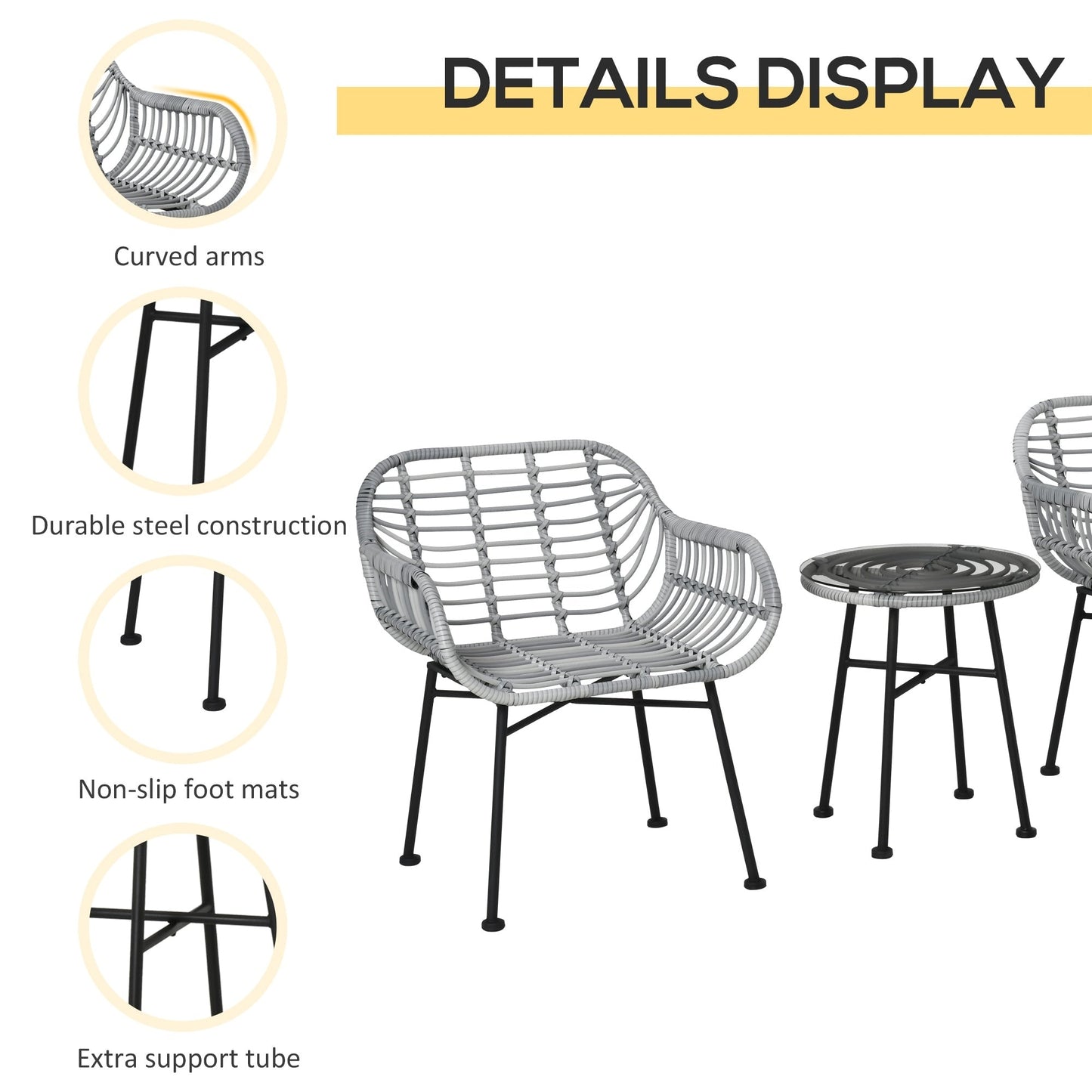 Outsunny Set da bistrot da giardino in rattan PE da 3 pezzi, set da caffè rotondo in vimini intrecciato per esterni, set di mobili da conversazione