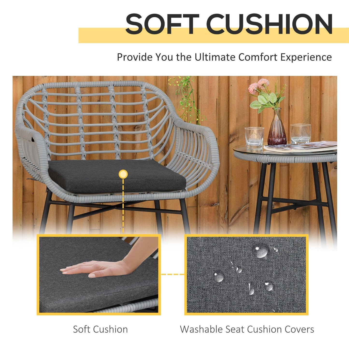 Outsunny Set da bistrot da giardino in rattan PE da 3 pezzi, set da caffè rotondo in vimini intrecciato per esterni, set di mobili da conversazione