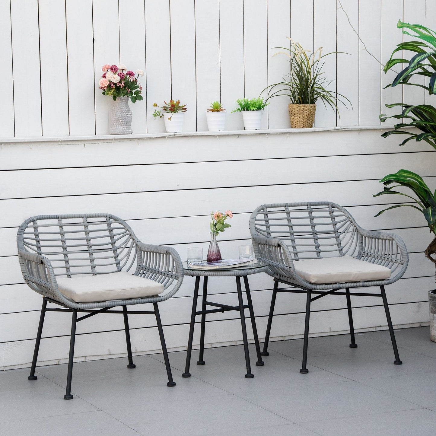 Outsunny Set da bistrot da giardino in rattan PE da 3 pezzi, set da caffè rotondo in vimini intrecciato per esterni, set di mobili da conversazione