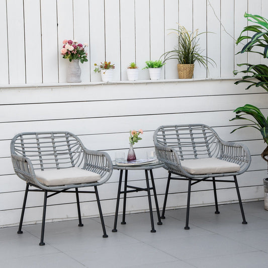 Outsunny Set da bistrot da giardino in rattan PE da 3 pezzi, set da caffè rotondo in vimini intrecciato per esterni, set di mobili da conversazione