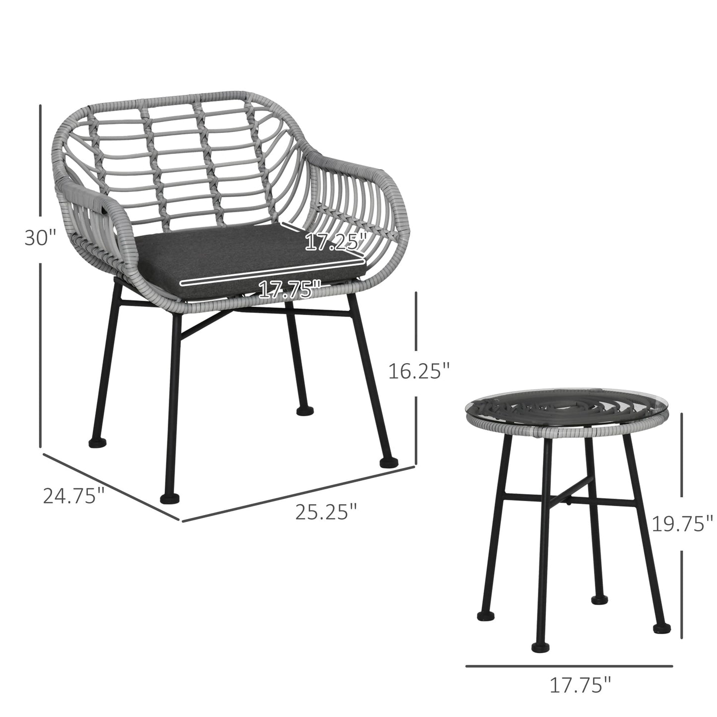 Outsunny Set da bistrot da giardino in rattan PE da 3 pezzi, set da caffè rotondo in vimini intrecciato per esterni, set di mobili da conversazione