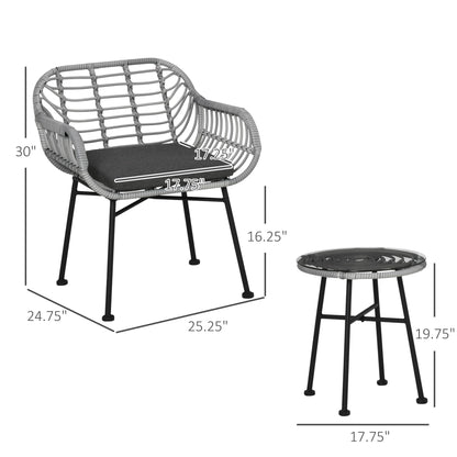 Outsunny Set da bistrot da giardino in rattan PE da 3 pezzi, set da caffè rotondo in vimini intrecciato per esterni, set di mobili da conversazione