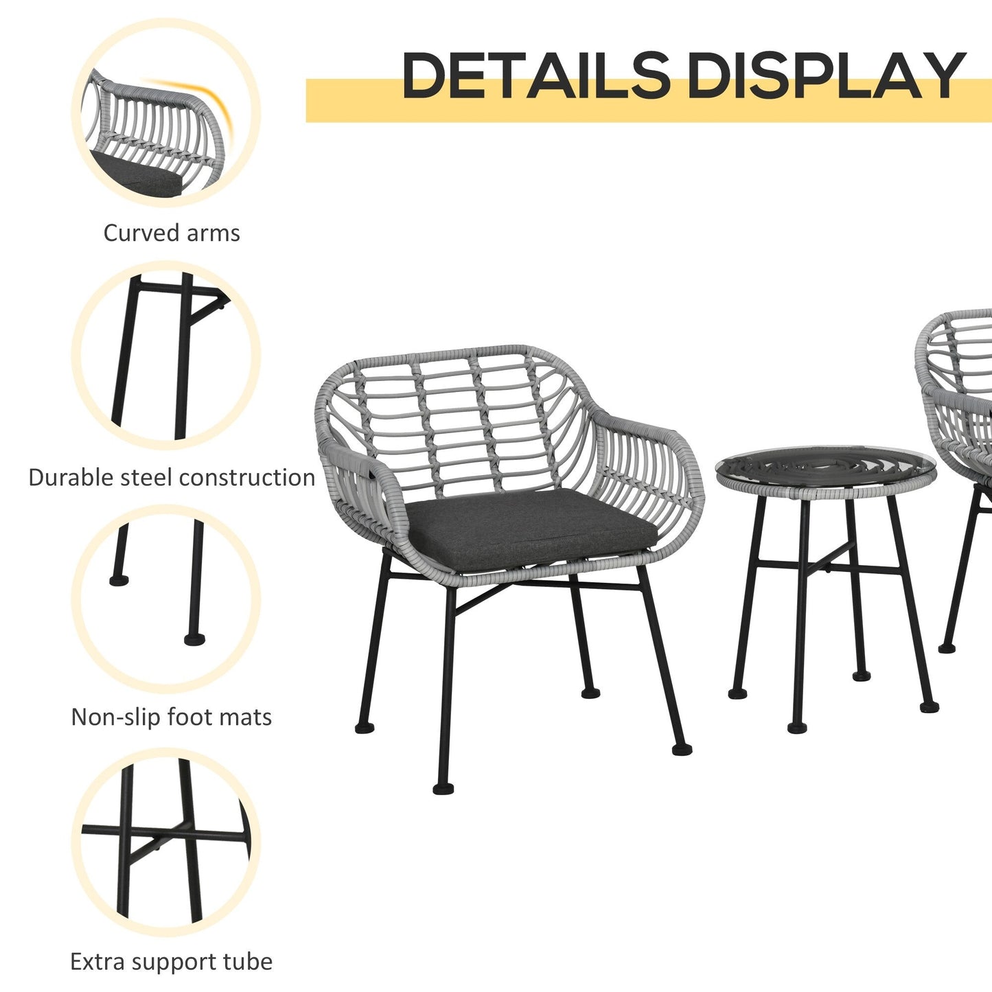 Outsunny Set da bistrot da giardino in rattan PE da 3 pezzi, set da caffè rotondo in vimini intrecciato per esterni, set di mobili da conversazione