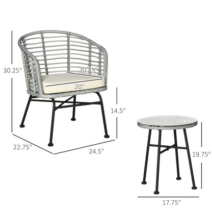 Outsunny Set da bistrot da giardino in rattan PE da 3 pezzi, set da caffè in vimini per esterni, 2 sedie e 1 tavolino da caffè, set di mobili da conversazione