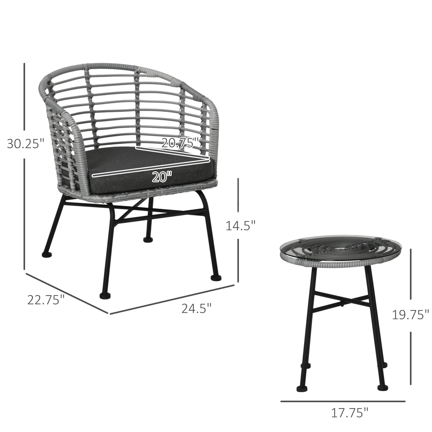 Outsunny Set da bistrot da giardino in rattan PE da 3 pezzi, set da caffè in vimini per esterni, 2 sedie e 1 tavolino da caffè, set di mobili da conversazione