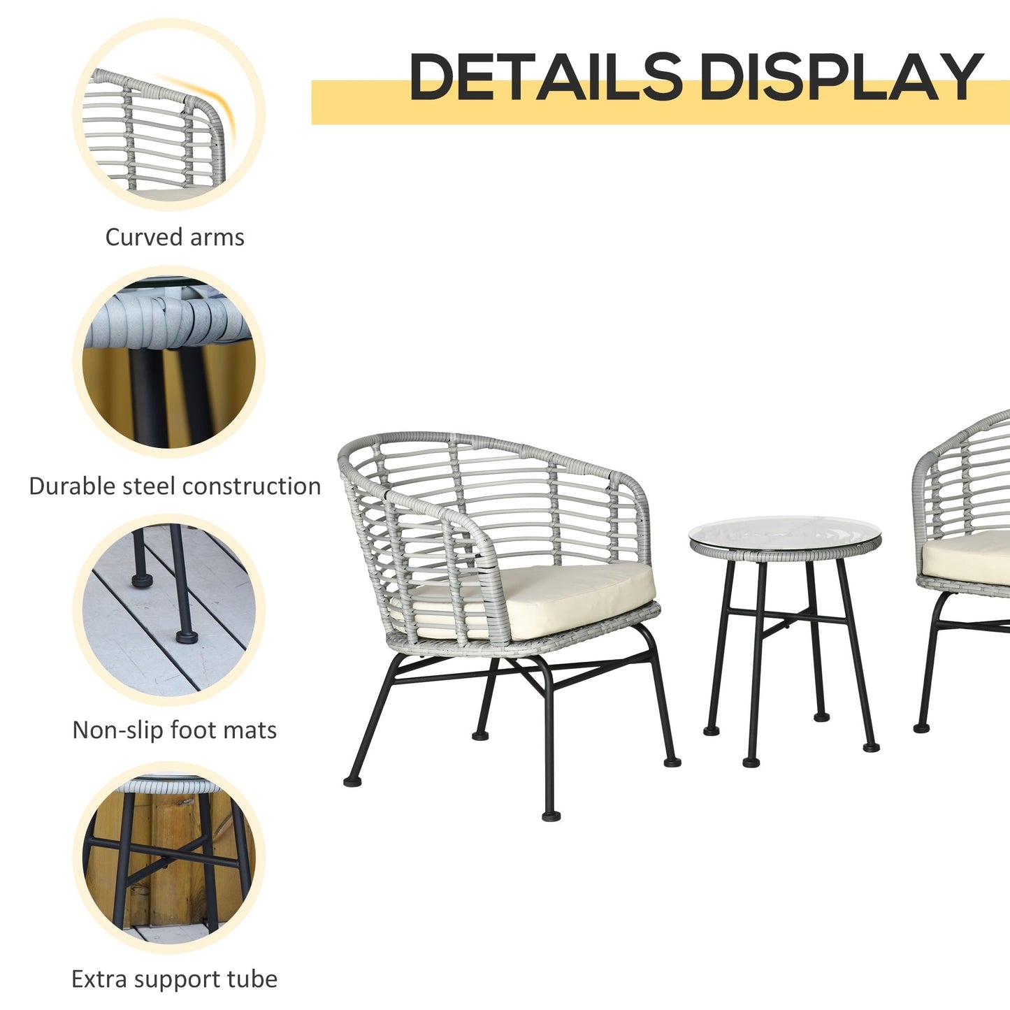 Outsunny Set da bistrot da giardino in rattan PE da 3 pezzi, set da caffè in vimini per esterni, 2 sedie e 1 tavolino da caffè, set di mobili da conversazione